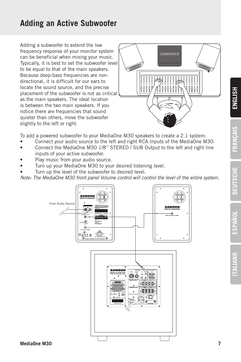 Adding an active subwoofer | Samson MediaOne M30 Powered Studio Monitors (Pair) User Manual | Page 7 / 11