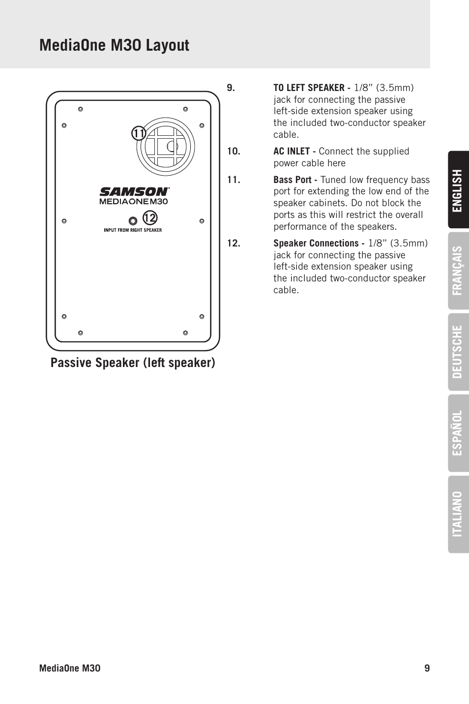 Mediaone m30 layout, Passive speaker (left speaker) | Samson MediaOne M30 Powered Studio Monitors (Pair) User Manual | Page 9 / 11