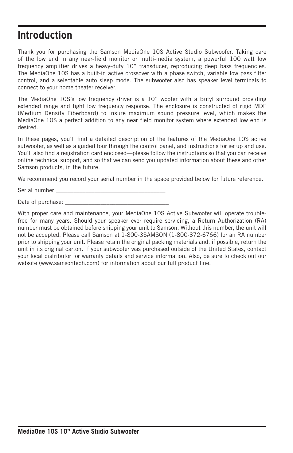 Introduction | Samson MEDIAONE 10S Active Studio Subwoofer User Manual | Page 5 / 12