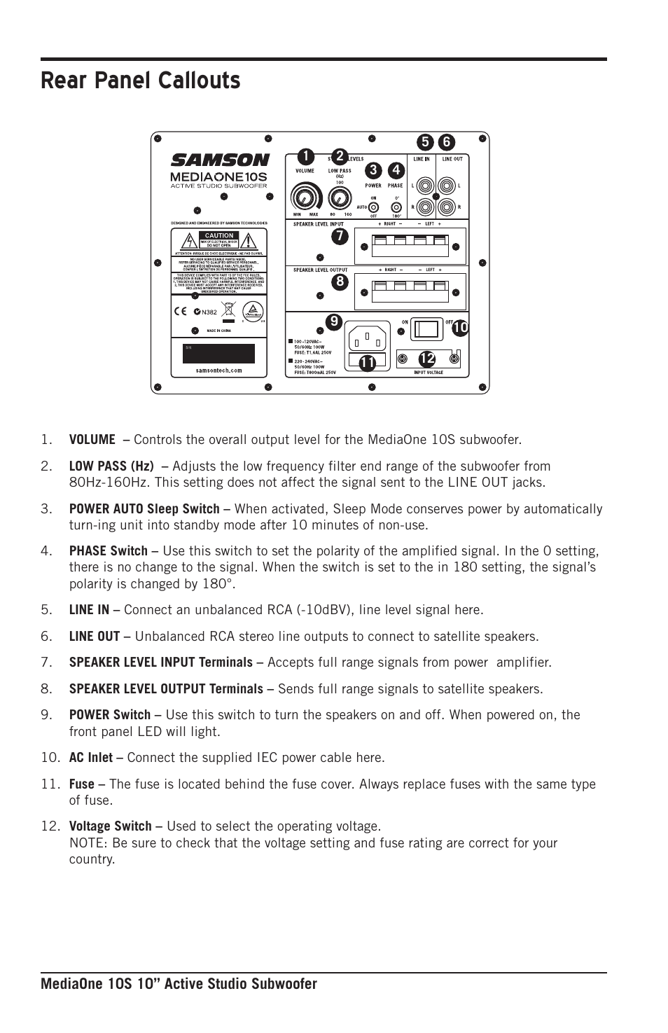 Rear panel callouts | Samson MEDIAONE 10S Active Studio Subwoofer User Manual | Page 7 / 12