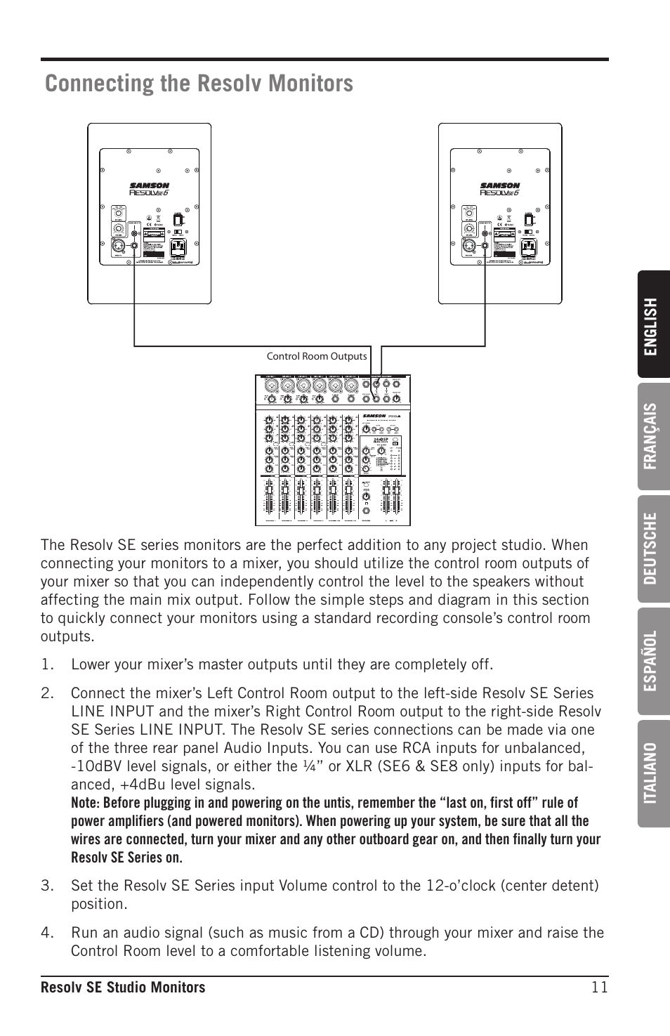 Connecting the resolv monitors | Samson Resolv SE5 Two-Way Active 5" Studio Monitor (Each) User Manual | Page 11 / 76