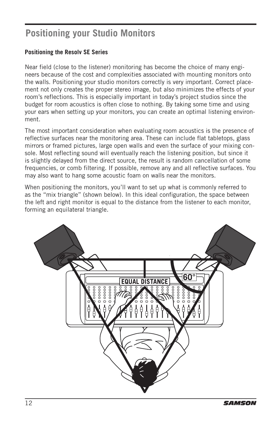 Positioning your studio monitors | Samson Resolv SE5 Two-Way Active 5" Studio Monitor (Each) User Manual | Page 12 / 76