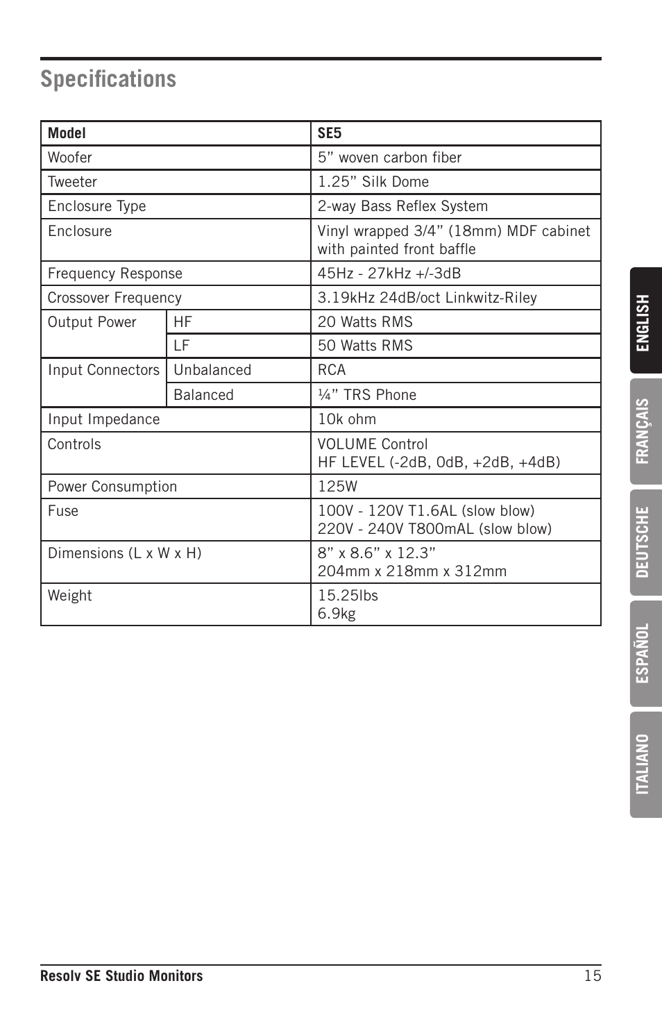 Specifications | Samson Resolv SE5 Two-Way Active 5" Studio Monitor (Each) User Manual | Page 15 / 76