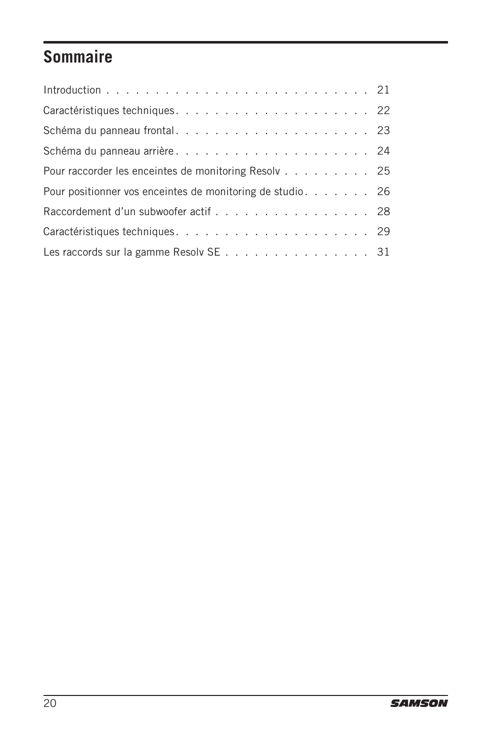 Sommaire | Samson Resolv SE5 Two-Way Active 5" Studio Monitor (Each) User Manual | Page 20 / 76