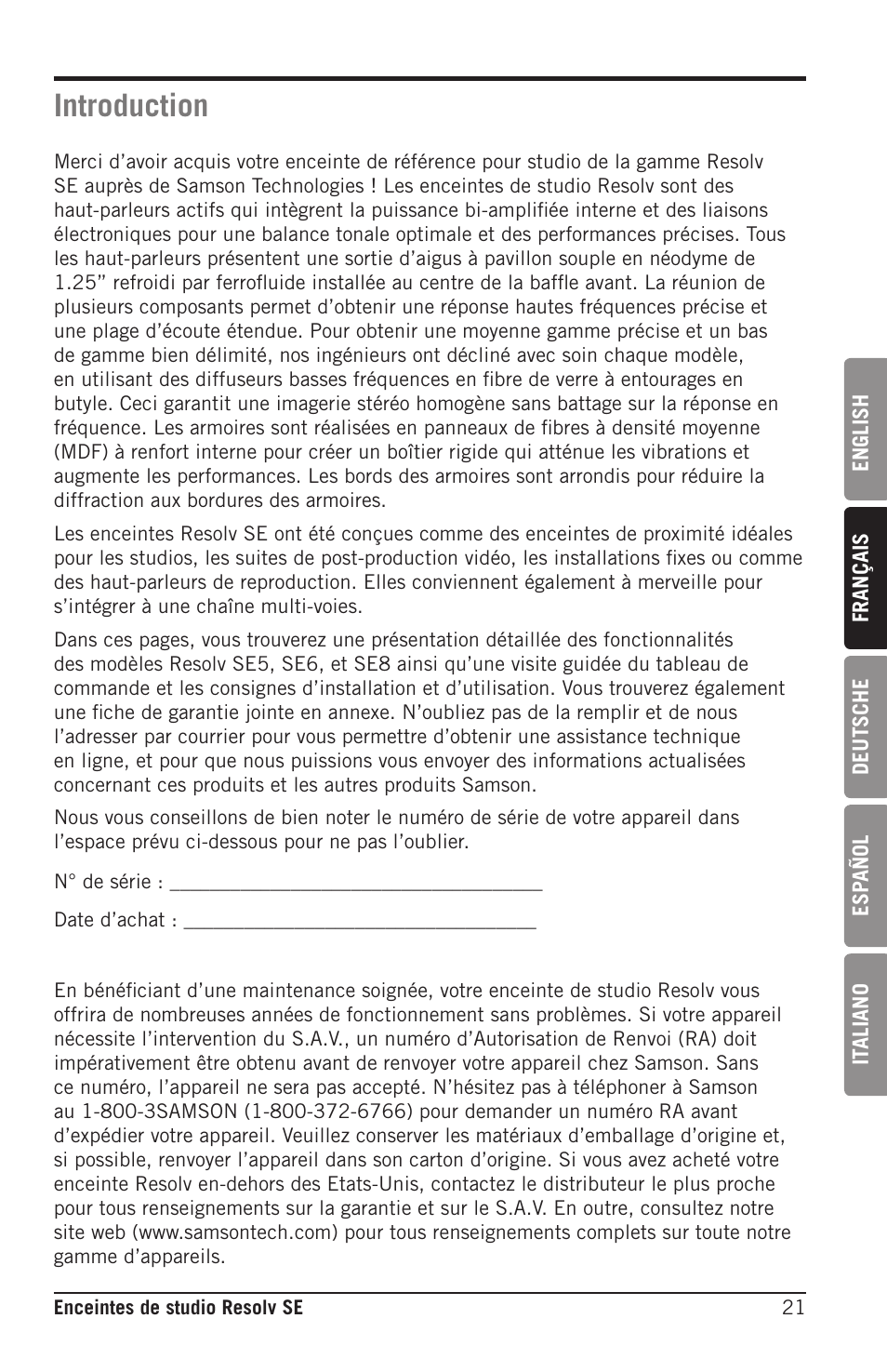 Introduction | Samson Resolv SE5 Two-Way Active 5" Studio Monitor (Each) User Manual | Page 21 / 76