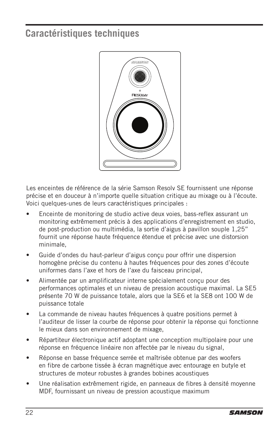 Caractéristiques techniques | Samson Resolv SE5 Two-Way Active 5" Studio Monitor (Each) User Manual | Page 22 / 76