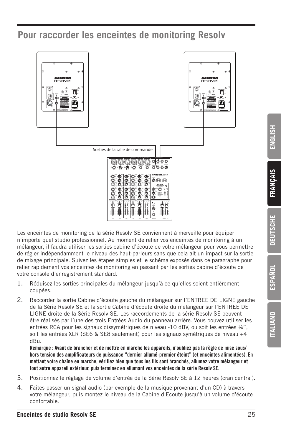 Pour raccorder les enceintes de monitoring resolv, English français deutsche esp añol it aliano, 25 enceintes de studio resolv se | Sorties de la salle de commande | Samson Resolv SE5 Two-Way Active 5" Studio Monitor (Each) User Manual | Page 25 / 76