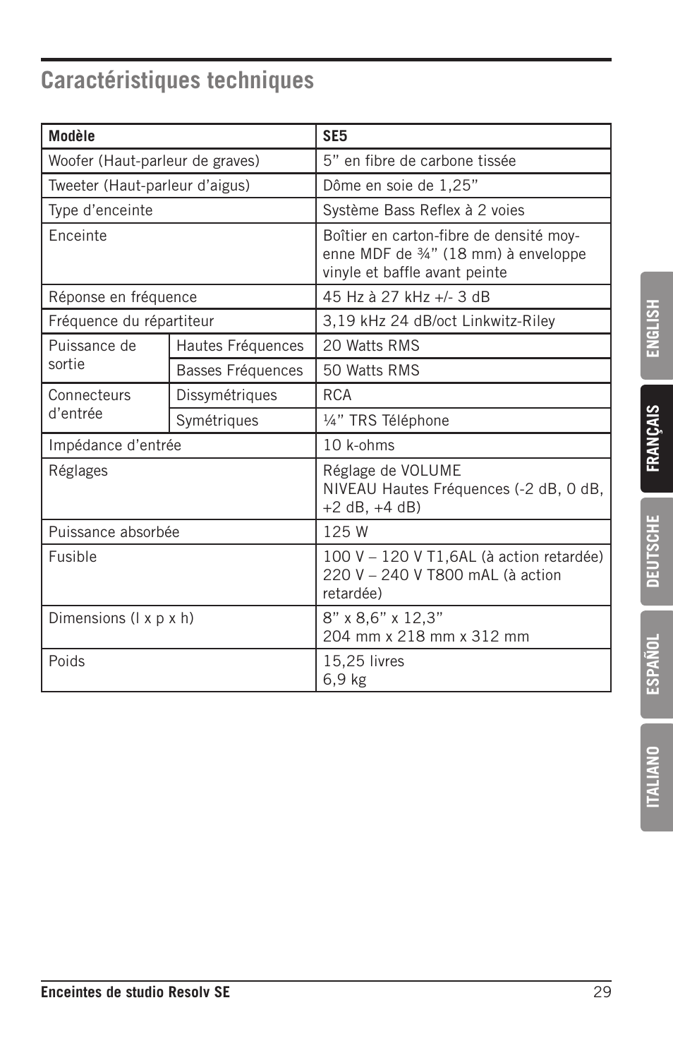 Caractéristiques techniques | Samson Resolv SE5 Two-Way Active 5" Studio Monitor (Each) User Manual | Page 29 / 76
