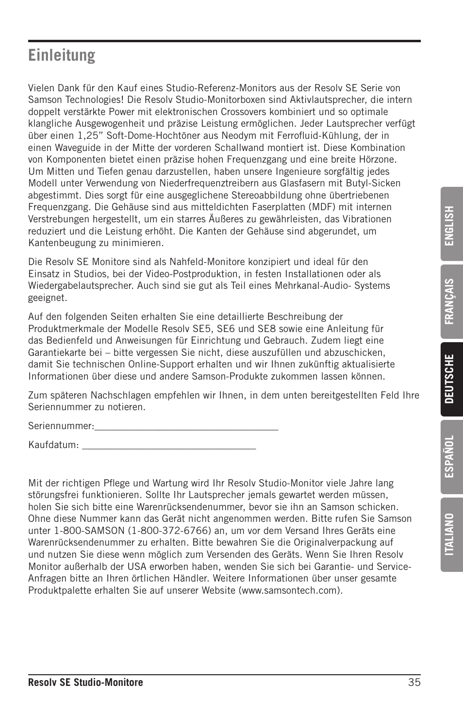 Einleitung | Samson Resolv SE5 Two-Way Active 5" Studio Monitor (Each) User Manual | Page 35 / 76