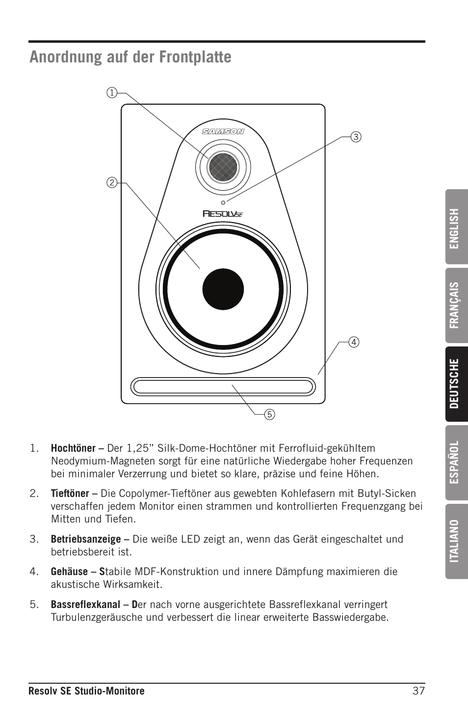 Anordnung auf der frontplatte | Samson Resolv SE5 Two-Way Active 5" Studio Monitor (Each) User Manual | Page 37 / 76