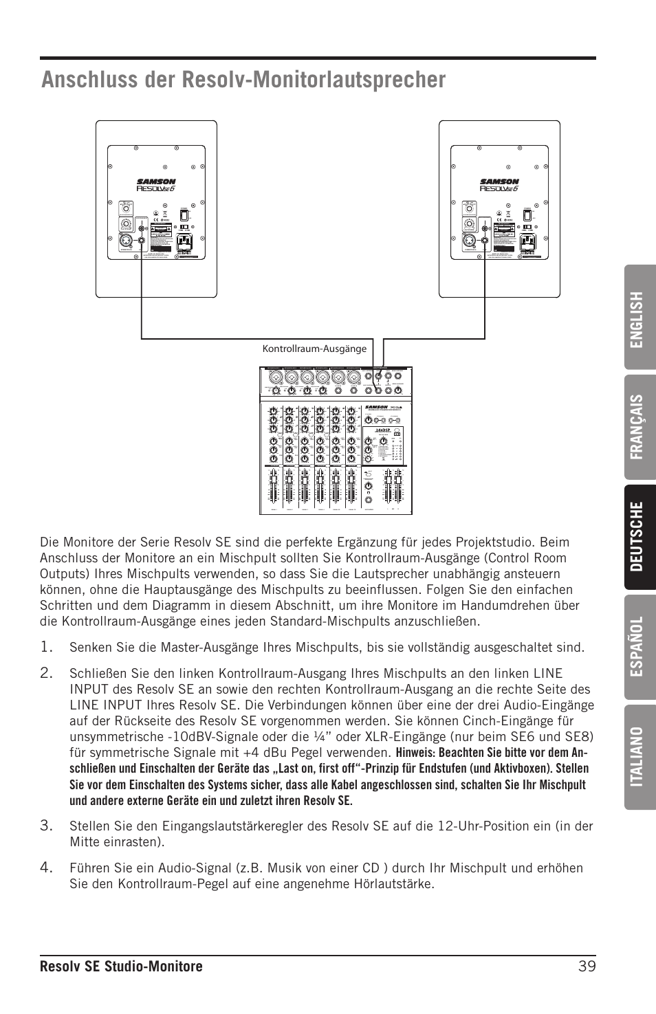 Anschluss der resolv-monitorlautsprecher, English français deutsche esp añol it aliano, 39 resolv se studio-monitore | Kontrollraum-ausgänge | Samson Resolv SE5 Two-Way Active 5" Studio Monitor (Each) User Manual | Page 39 / 76