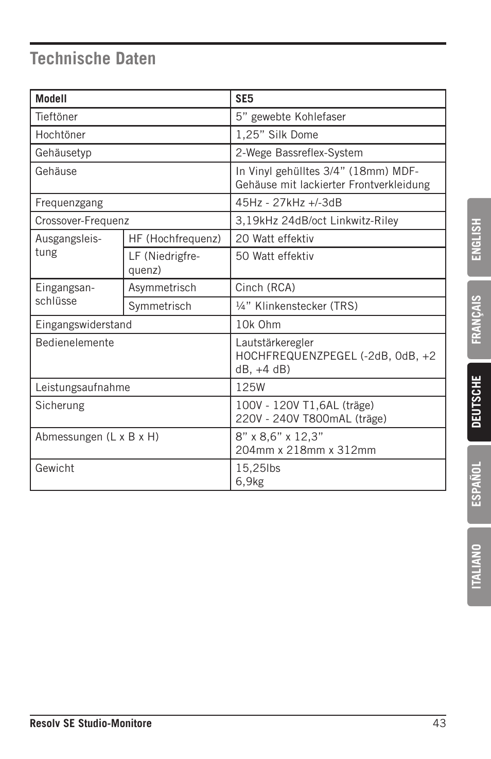 Technische daten | Samson Resolv SE5 Two-Way Active 5" Studio Monitor (Each) User Manual | Page 43 / 76