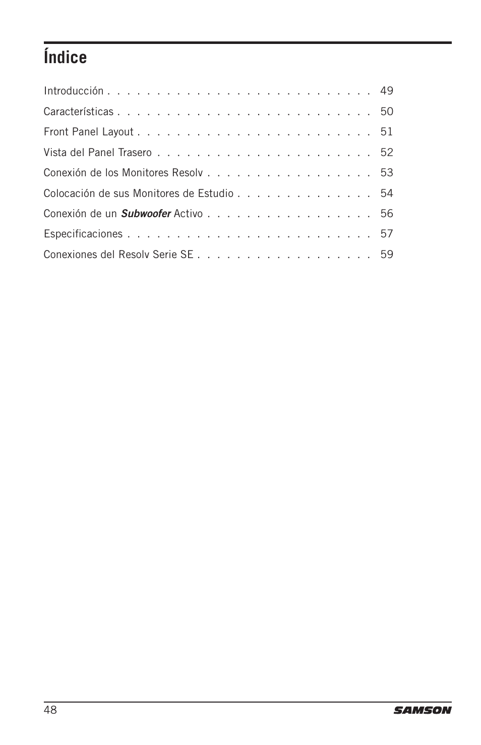 Índice | Samson Resolv SE5 Two-Way Active 5" Studio Monitor (Each) User Manual | Page 48 / 76