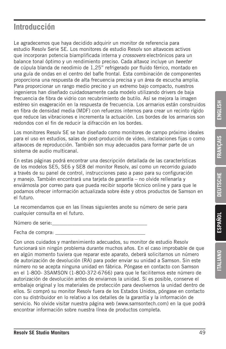 Introducción | Samson Resolv SE5 Two-Way Active 5" Studio Monitor (Each) User Manual | Page 49 / 76