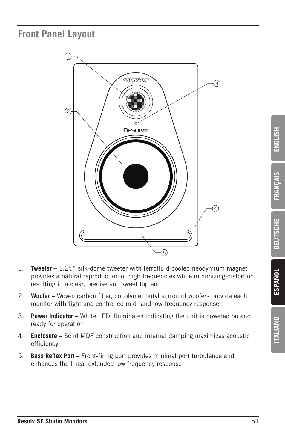 Front panel layout | Samson Resolv SE5 Two-Way Active 5" Studio Monitor (Each) User Manual | Page 51 / 76