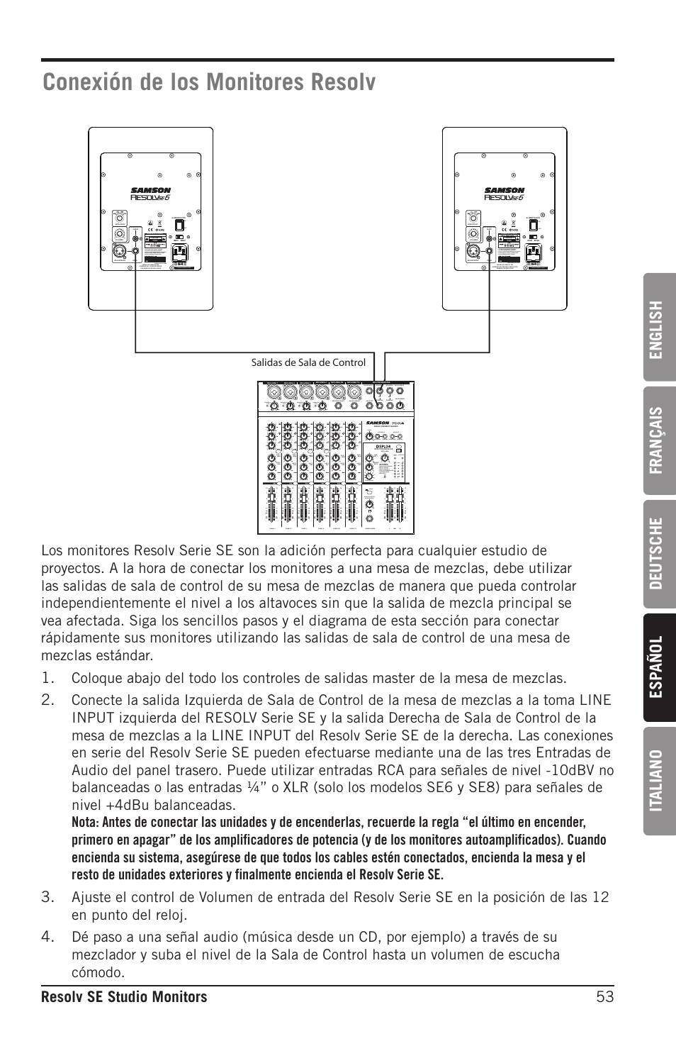 Conexión de los monitores resolv, English français deutsche esp añol it aliano, 53 resolv se studio monitors | Salidas de sala de control | Samson Resolv SE5 Two-Way Active 5" Studio Monitor (Each) User Manual | Page 53 / 76