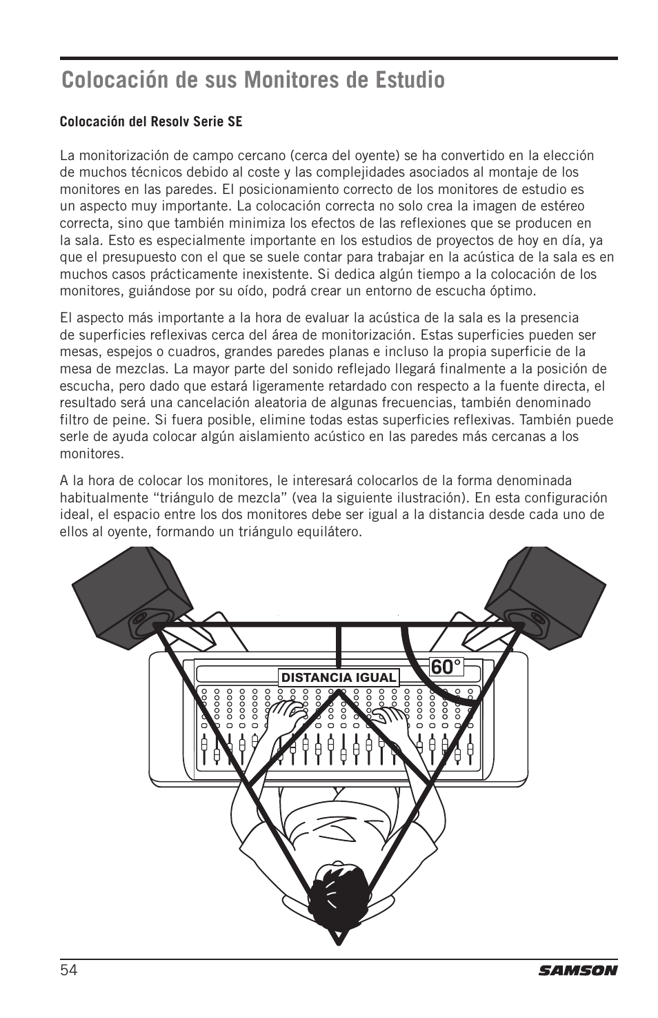 Colocación de sus monitores de estudio | Samson Resolv SE5 Two-Way Active 5" Studio Monitor (Each) User Manual | Page 54 / 76