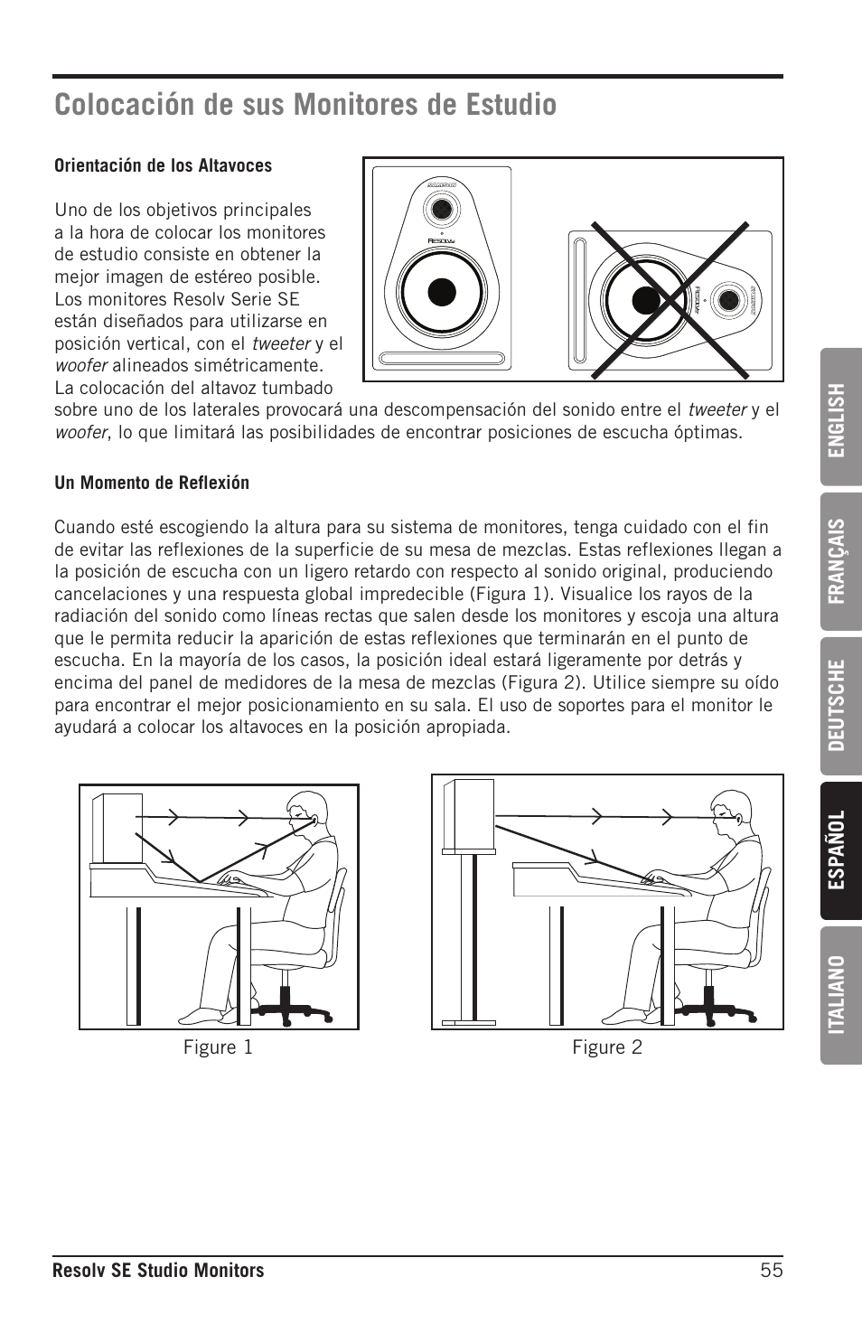 Colocación de sus monitores de estudio | Samson Resolv SE5 Two-Way Active 5" Studio Monitor (Each) User Manual | Page 55 / 76