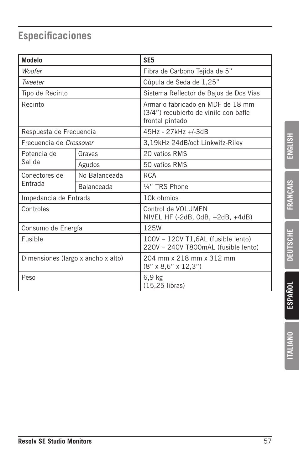 Especificaciones | Samson Resolv SE5 Two-Way Active 5" Studio Monitor (Each) User Manual | Page 57 / 76