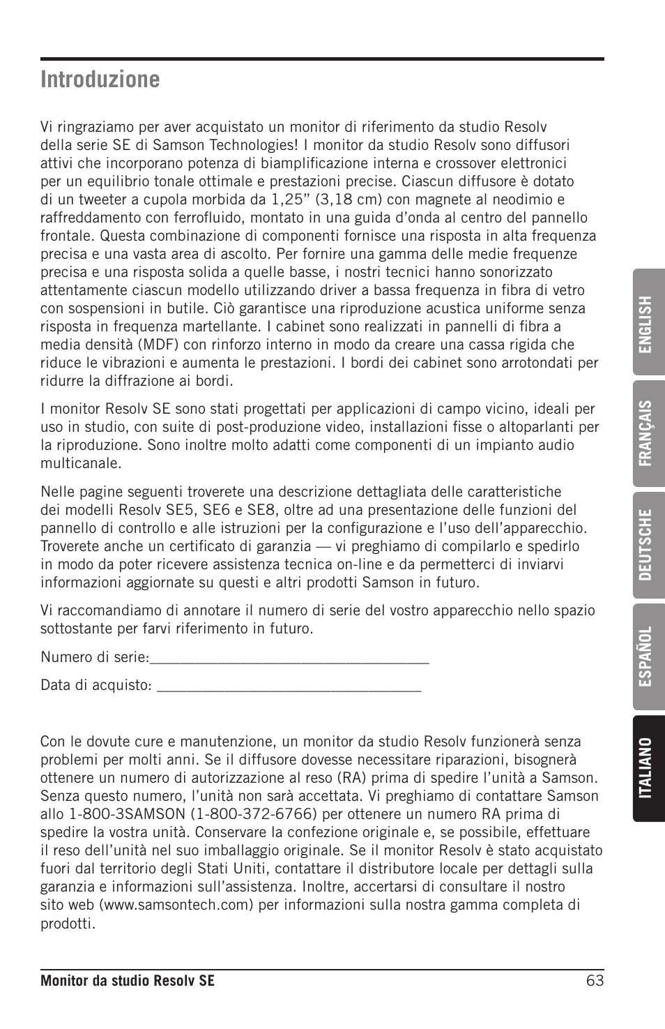 Introduzione | Samson Resolv SE5 Two-Way Active 5" Studio Monitor (Each) User Manual | Page 63 / 76