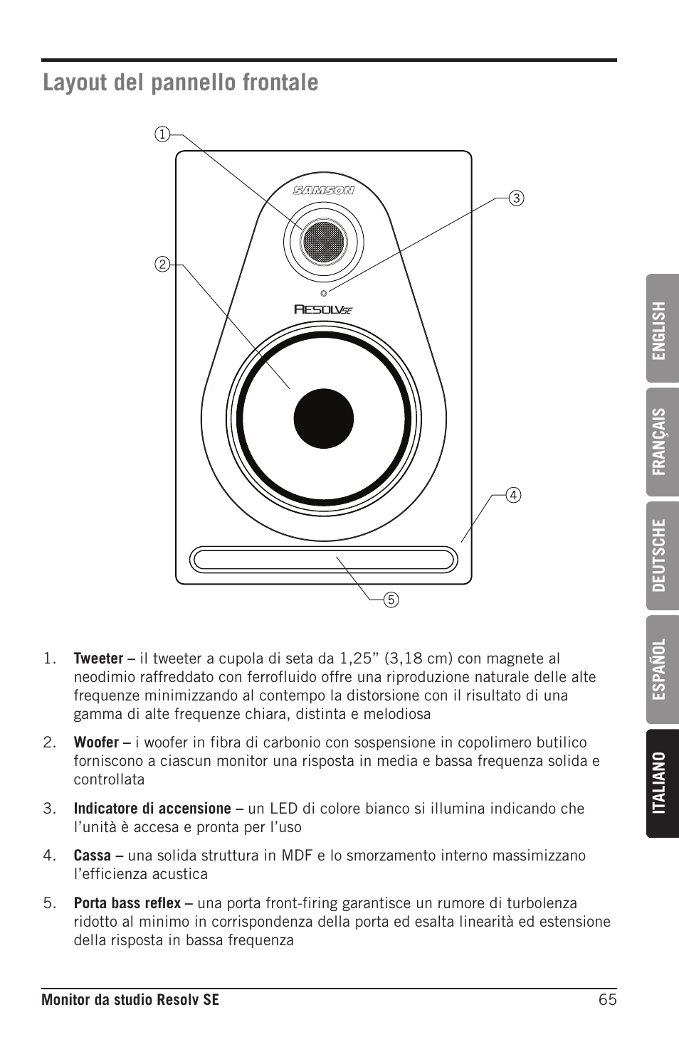 Layout del pannello frontale | Samson Resolv SE5 Two-Way Active 5" Studio Monitor (Each) User Manual | Page 65 / 76