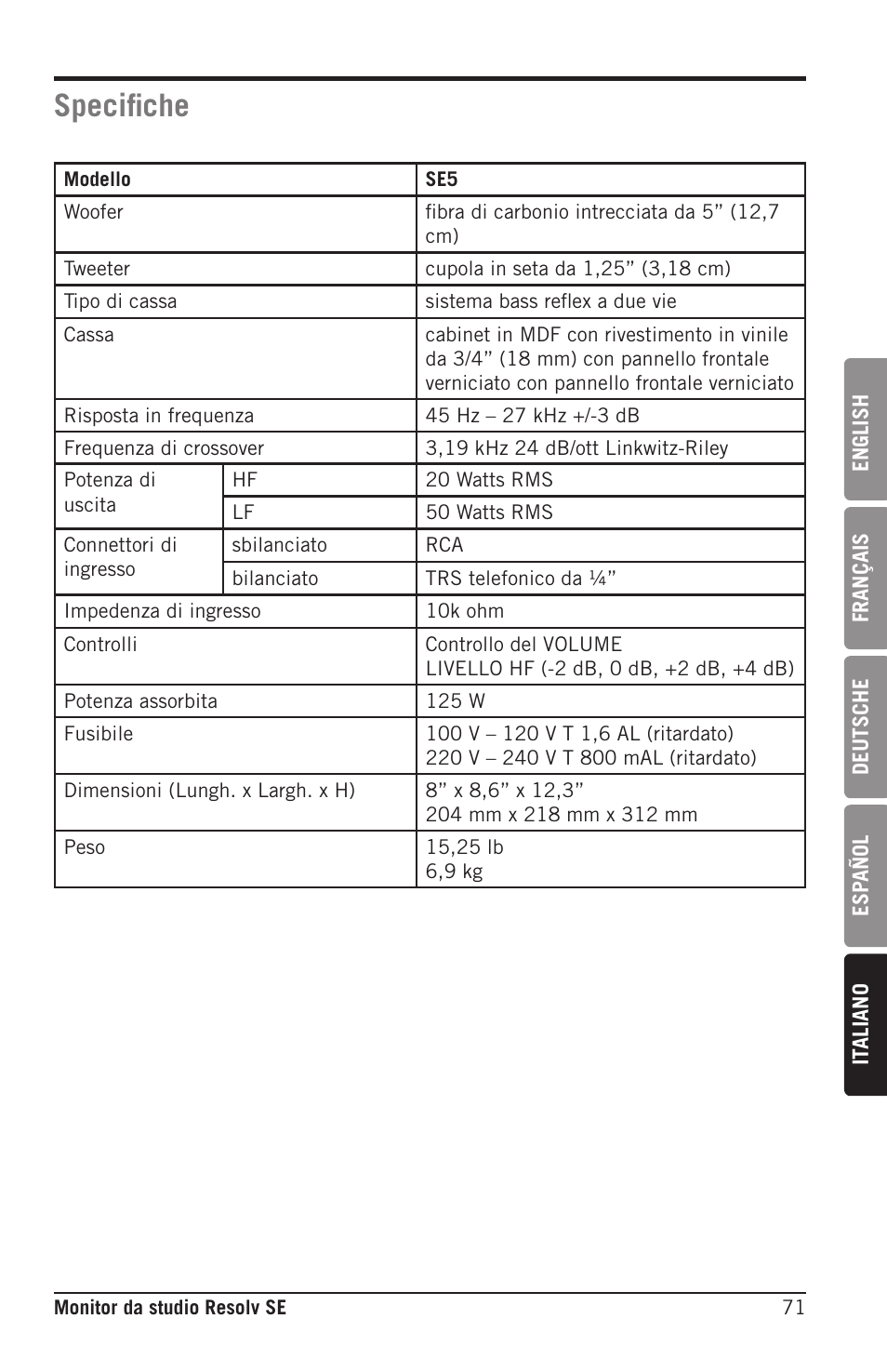 Specifiche | Samson Resolv SE5 Two-Way Active 5" Studio Monitor (Each) User Manual | Page 71 / 76