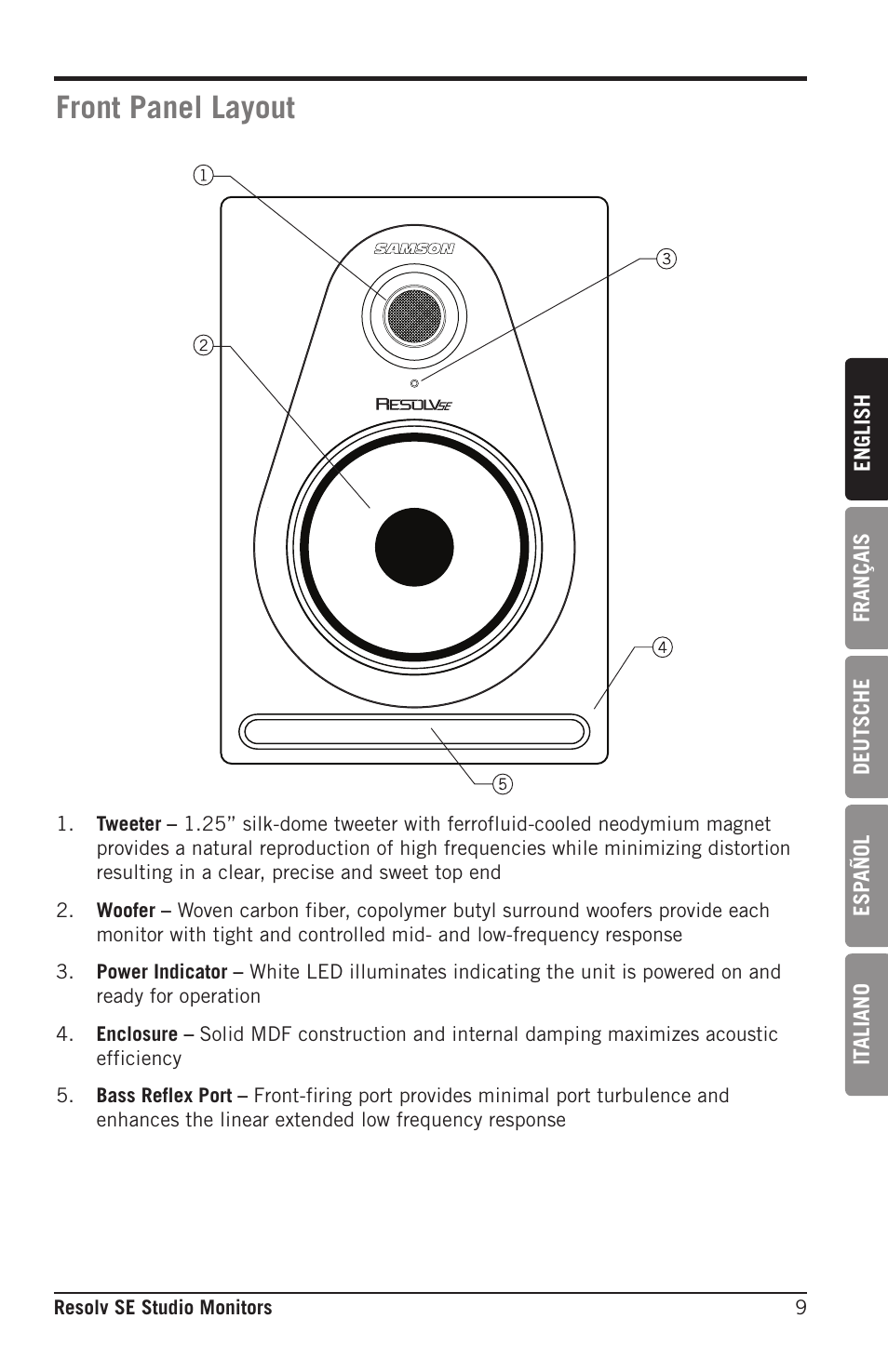 Front panel layout | Samson Resolv SE5 Two-Way Active 5" Studio Monitor (Each) User Manual | Page 9 / 76