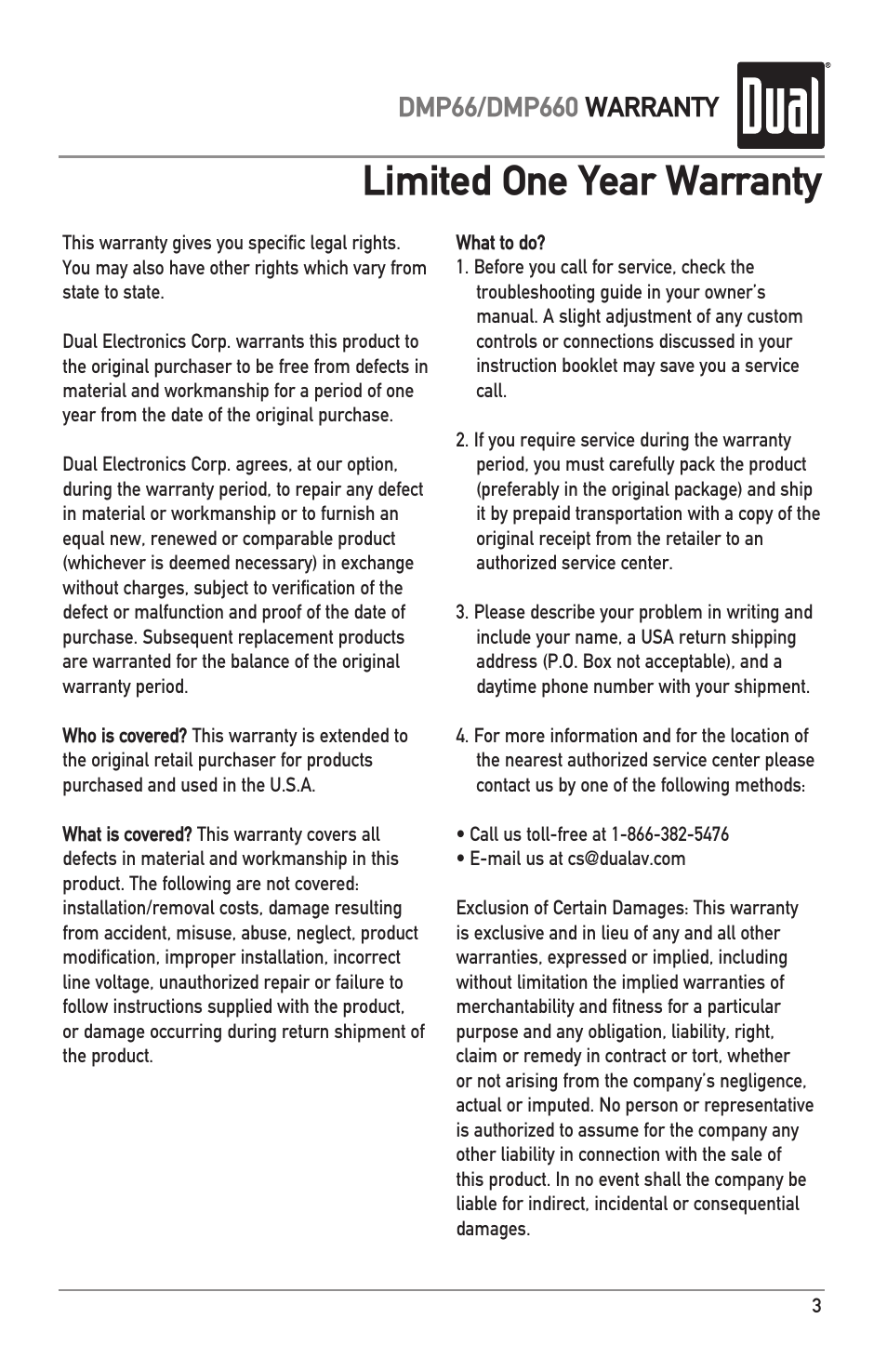 Limited one year warranty | Dual MARINE DMP660 User Manual | Page 3 / 4