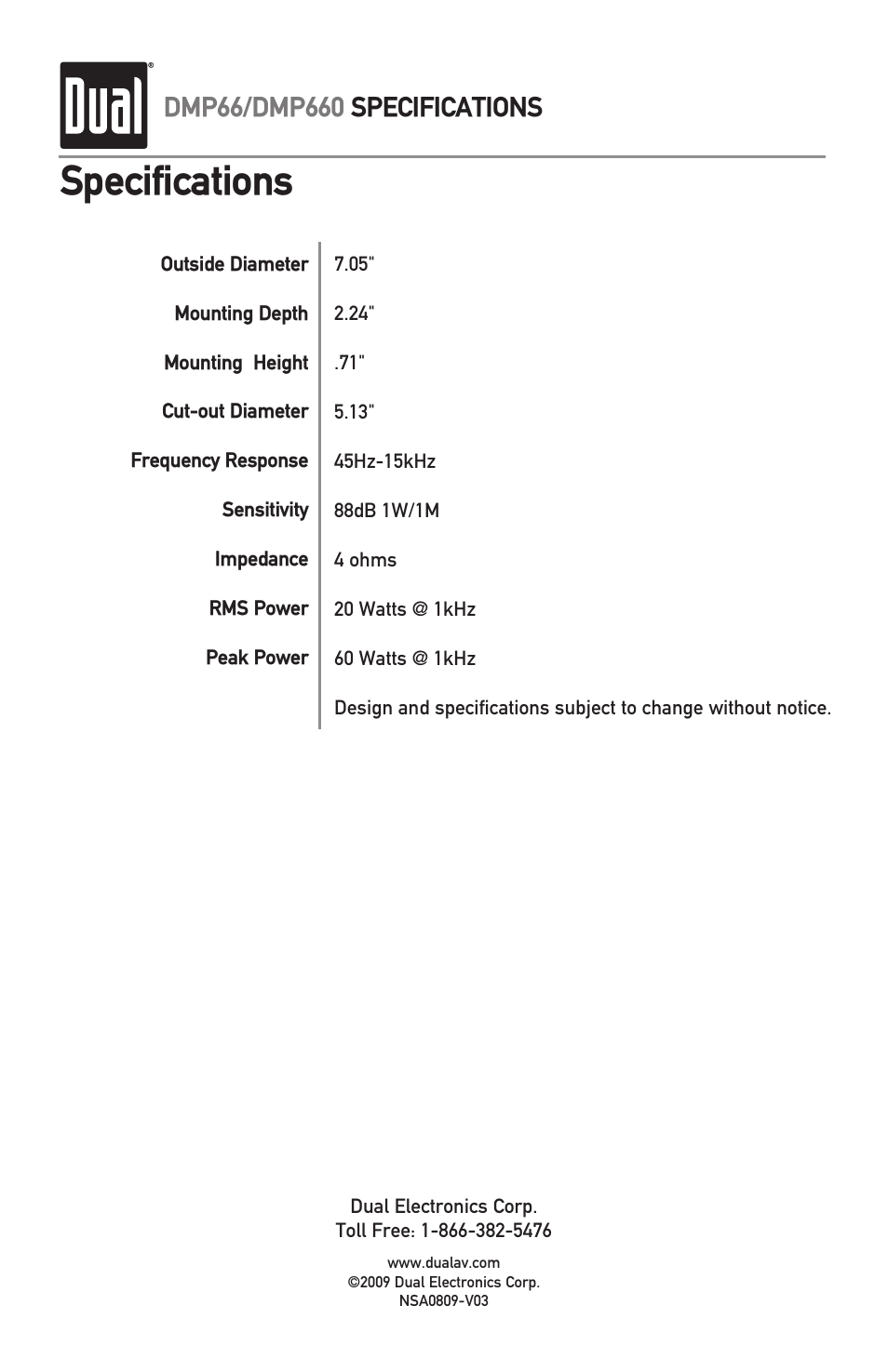 Specifications | Dual MARINE DMP660 User Manual | Page 4 / 4