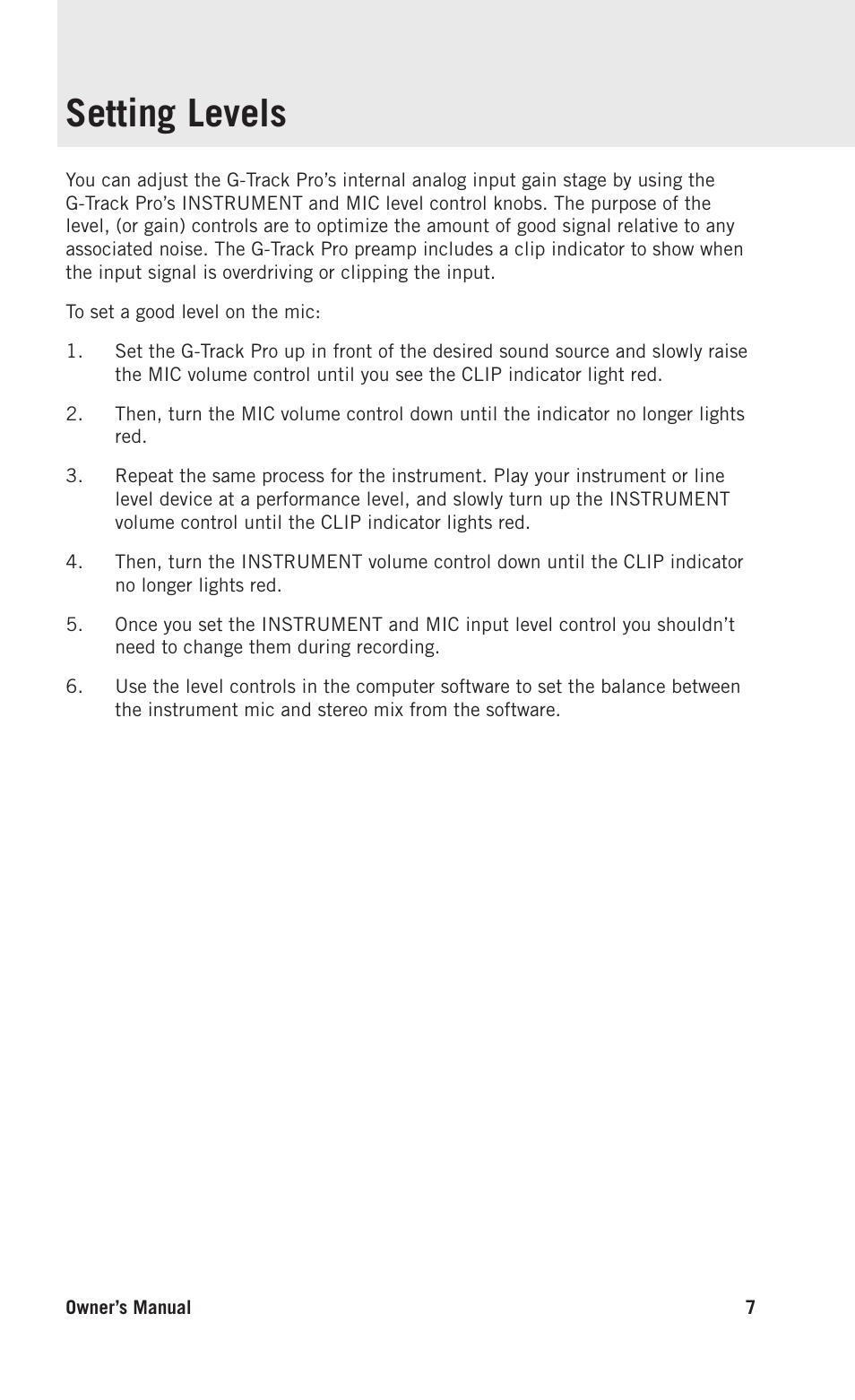 Setting levels | Samson G-Track Pro USB Microphone with Built-In Audio Interface (Black) User Manual | Page 7 / 12