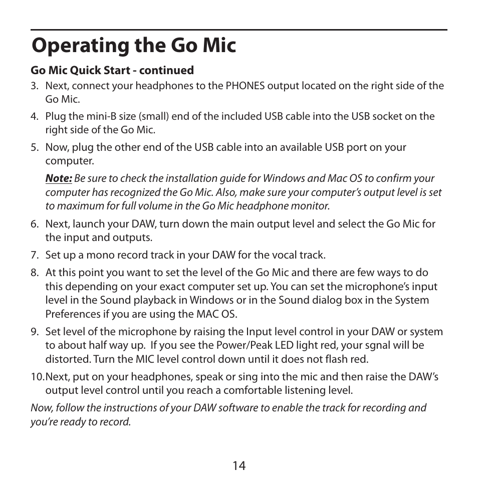 Operating the go mic | Samson Go Mic USB Microphone for Mac and Windows Computers (Silver) User Manual | Page 16 / 24