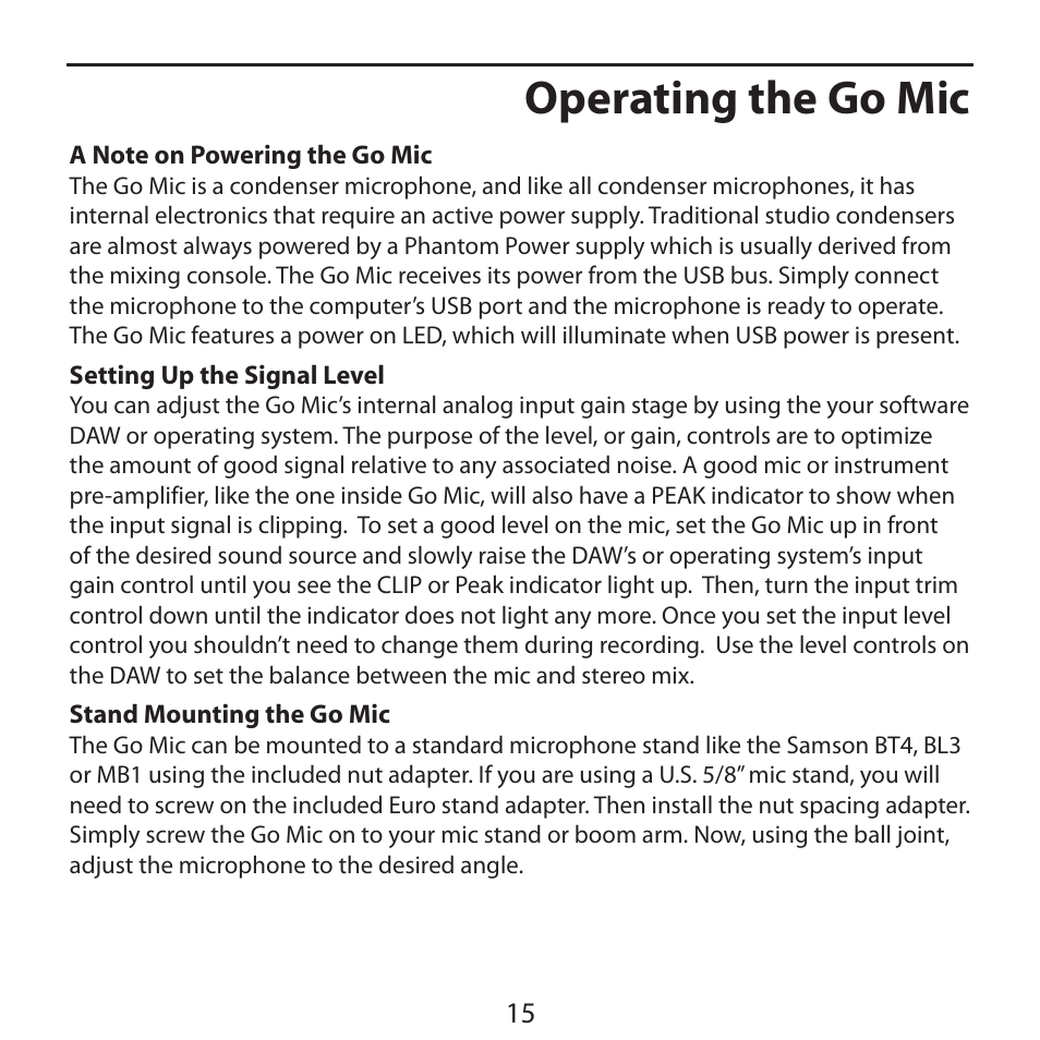 Operating the go mic | Samson Go Mic USB Microphone for Mac and Windows Computers (Silver) User Manual | Page 17 / 24