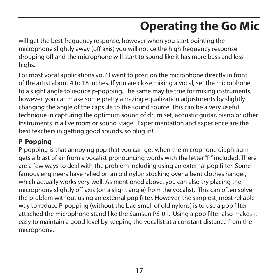 Operating the go mic | Samson Go Mic USB Microphone for Mac and Windows Computers (Silver) User Manual | Page 19 / 24