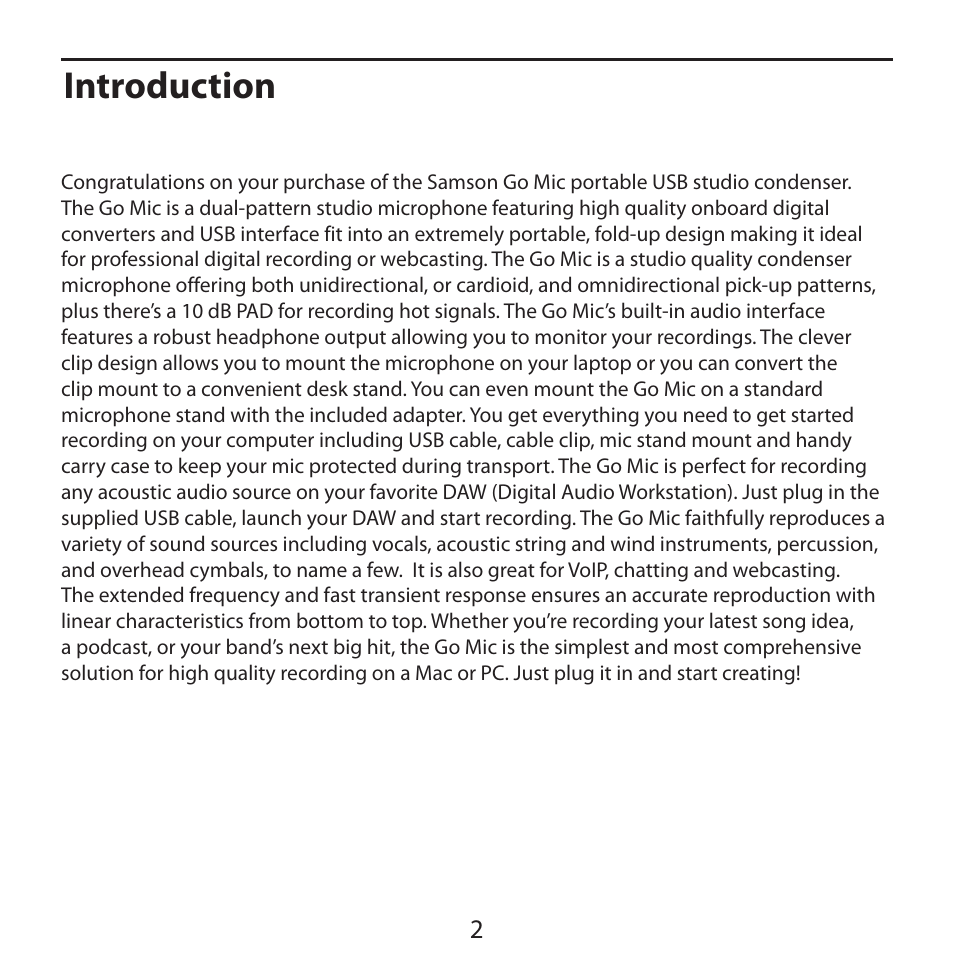 Introduction | Samson Go Mic USB Microphone for Mac and Windows Computers (Silver) User Manual | Page 4 / 24