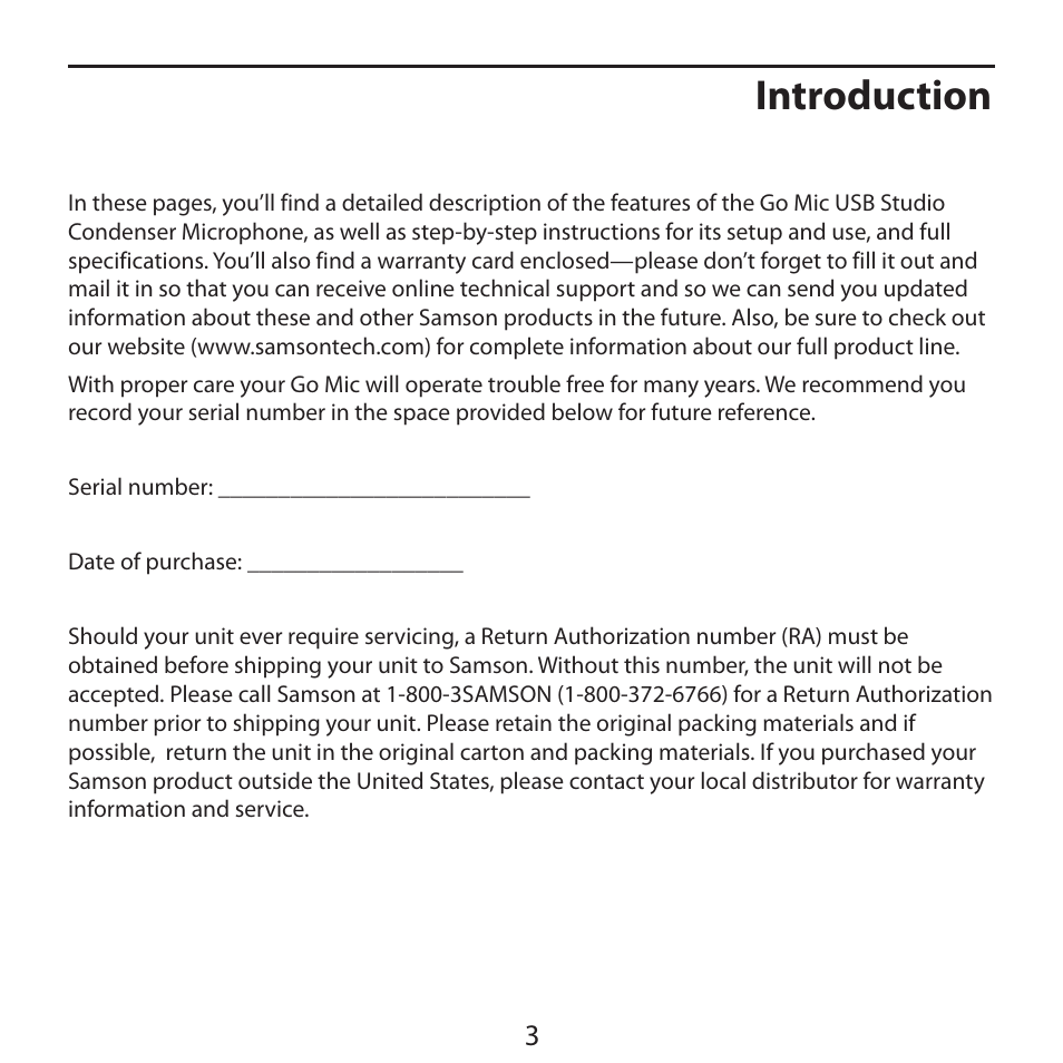 Introduction | Samson Go Mic USB Microphone for Mac and Windows Computers (Silver) User Manual | Page 5 / 24