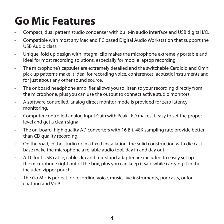 Go mic features | Samson Go Mic USB Microphone for Mac and Windows Computers (Silver) User Manual | Page 6 / 24
