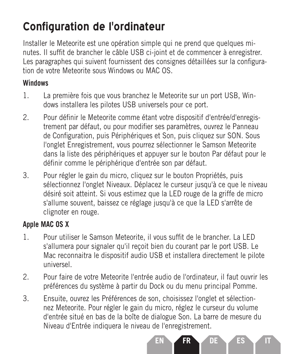 Configuration de l'ordinateur | Samson Meteorite USB Condenser Microphone User Manual | Page 13 / 36