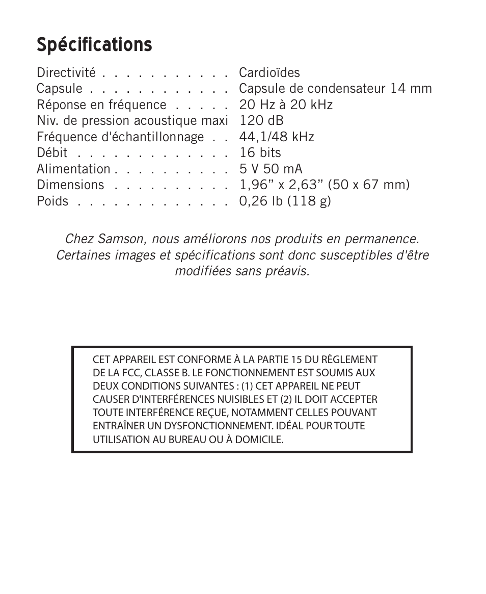 Spécifications | Samson Meteorite USB Condenser Microphone User Manual | Page 14 / 36