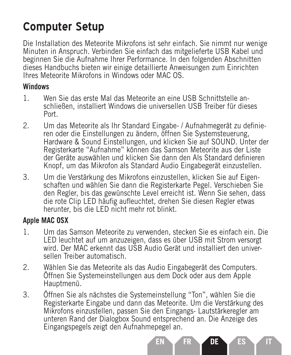 Computer setup | Samson Meteorite USB Condenser Microphone User Manual | Page 19 / 36