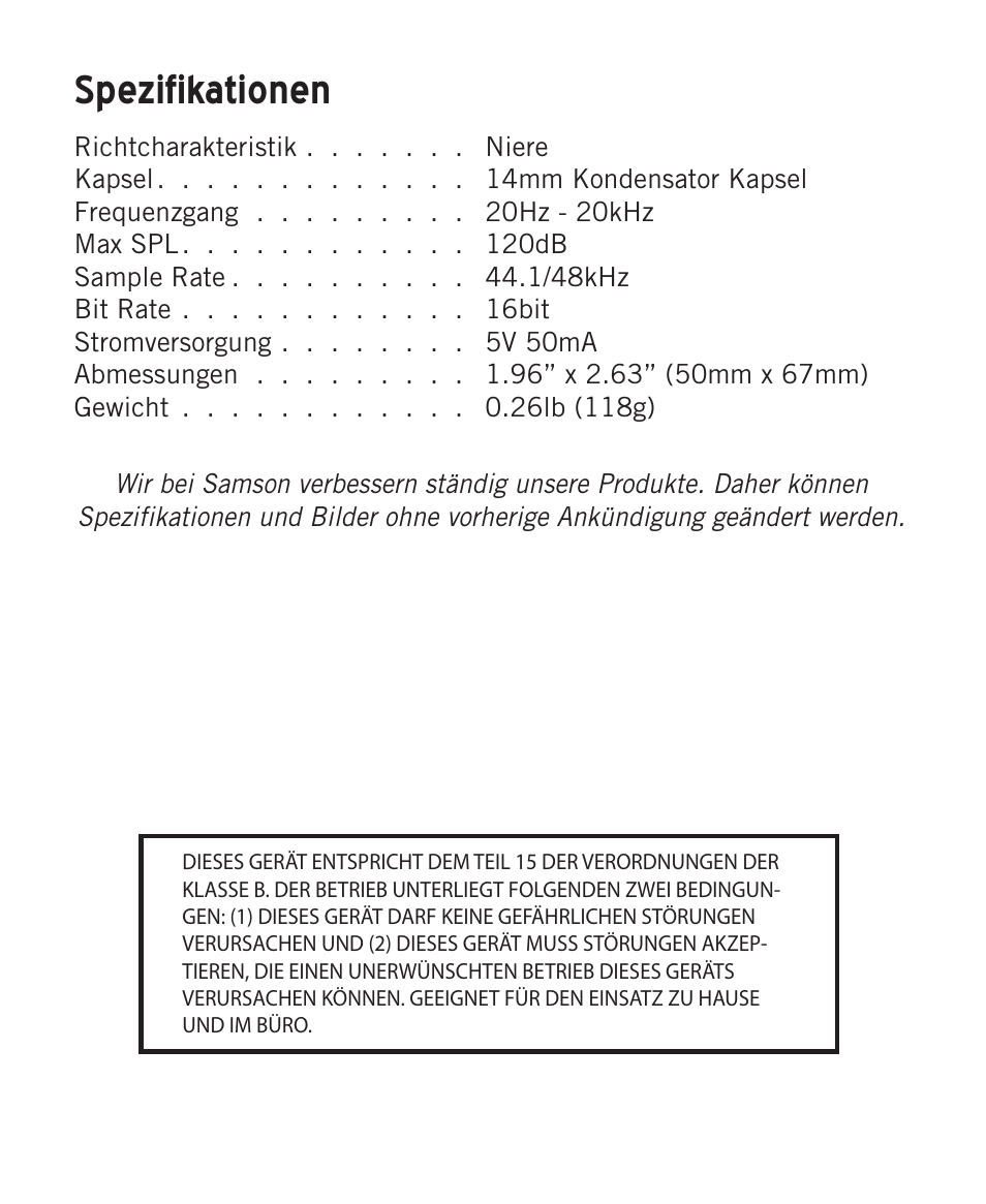 Spezifikationen | Samson Meteorite USB Condenser Microphone User Manual | Page 20 / 36