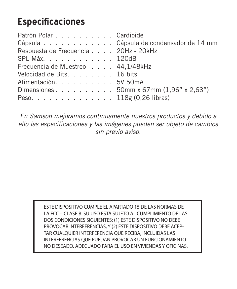 Especificaciones | Samson Meteorite USB Condenser Microphone User Manual | Page 26 / 36