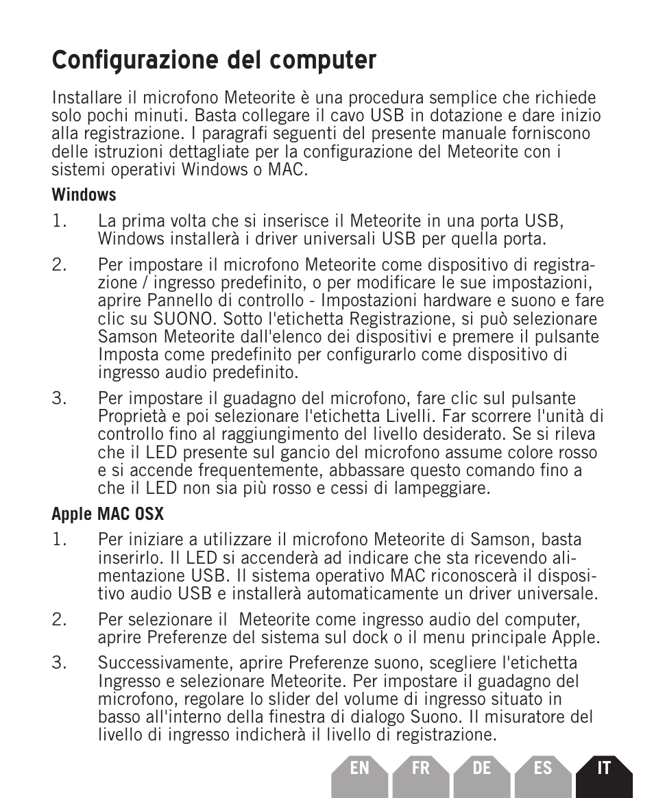 Configurazione del computer | Samson Meteorite USB Condenser Microphone User Manual | Page 31 / 36