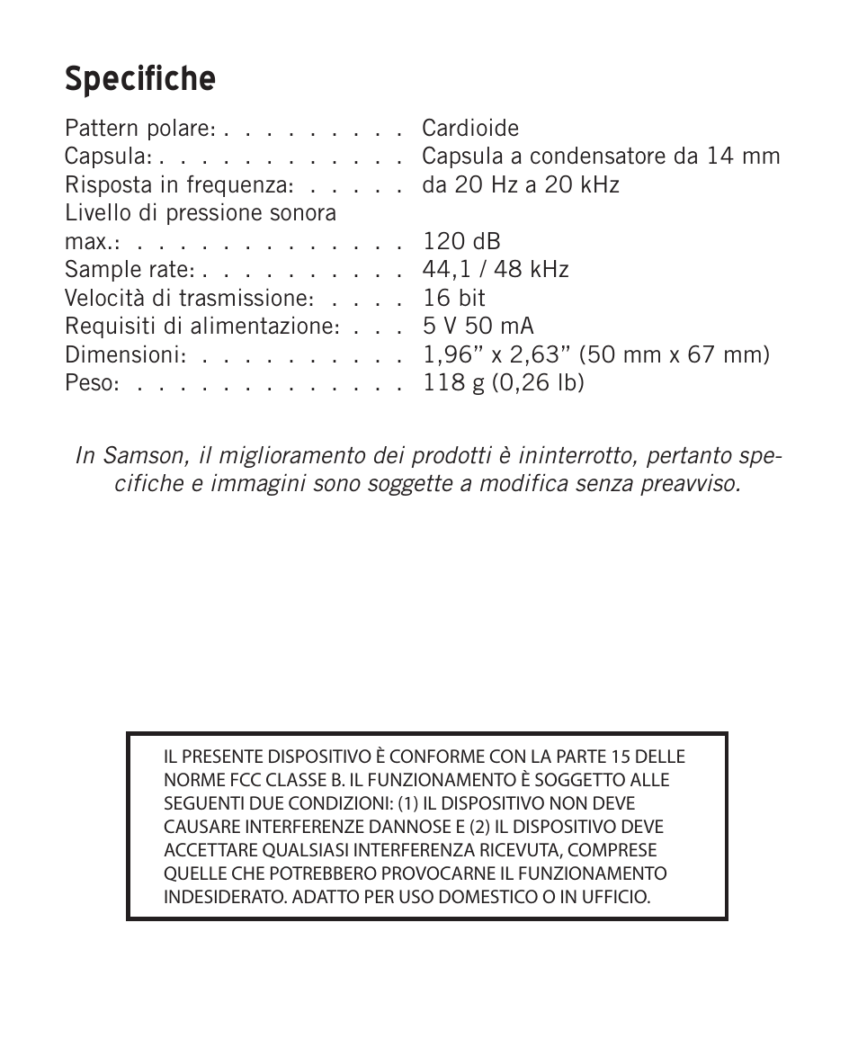 Specifiche | Samson Meteorite USB Condenser Microphone User Manual | Page 32 / 36