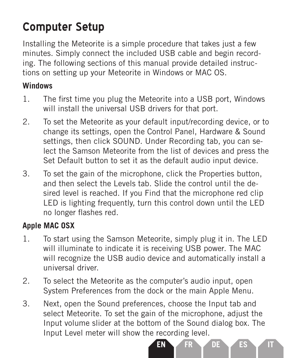 Computer setup | Samson Meteorite USB Condenser Microphone User Manual | Page 5 / 36