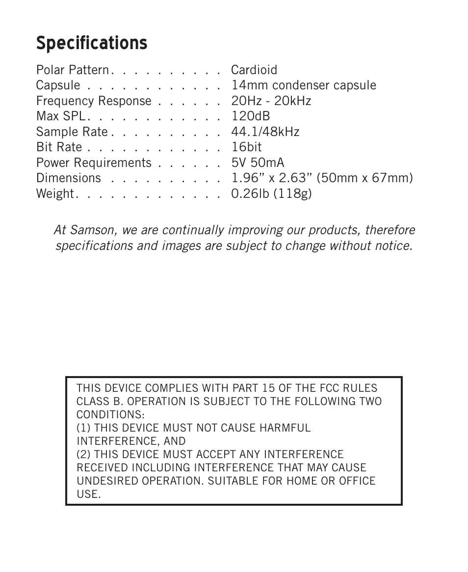 Specifications | Samson Meteorite USB Condenser Microphone User Manual | Page 8 / 36