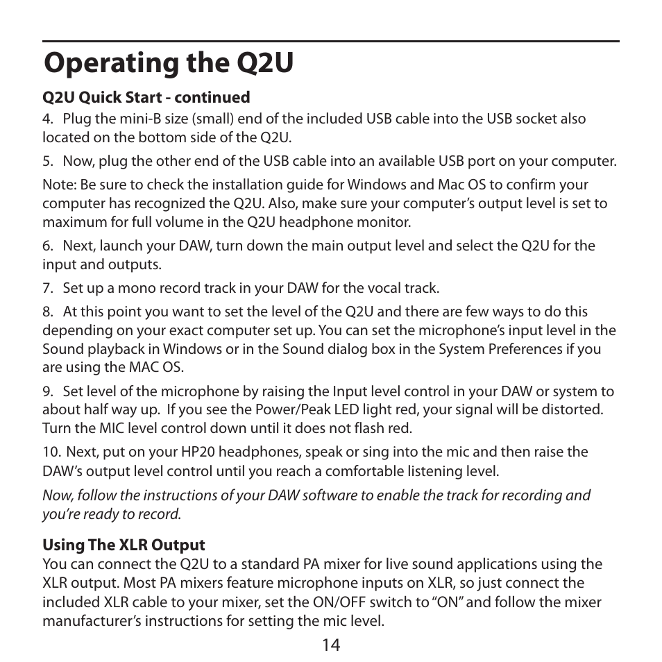 Using the xlr output, Operating the q2u | Samson Q2U Recording & Podcasting Pack (Gray) User Manual | Page 16 / 24