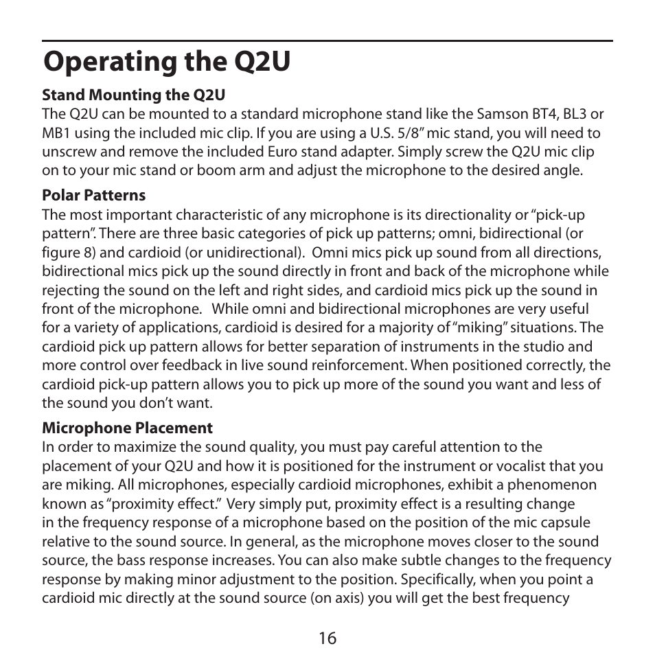 Stand mounting the q2u, Polar patterns, Microphone placement | Operating the q2u | Samson Q2U Recording & Podcasting Pack (Gray) User Manual | Page 18 / 24