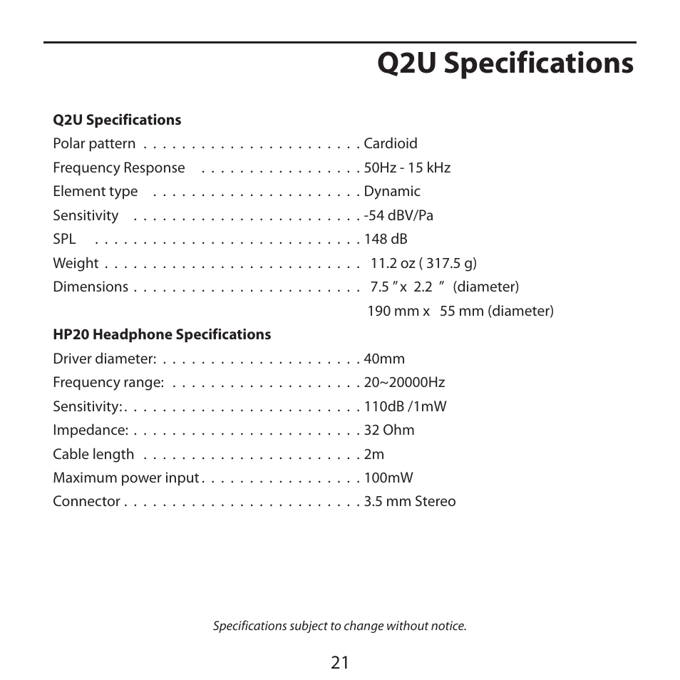 Q2u specifications | Samson Q2U Recording & Podcasting Pack (Gray) User Manual | Page 23 / 24