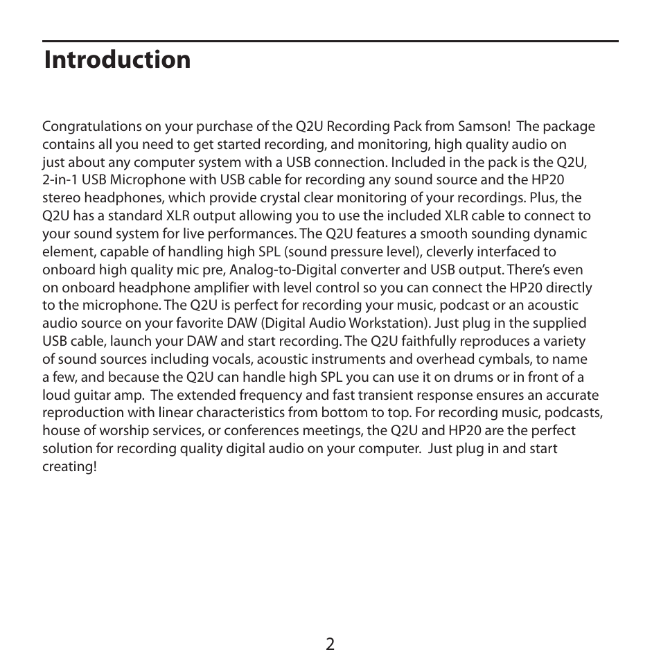 Introduction | Samson Q2U Recording & Podcasting Pack (Gray) User Manual | Page 4 / 24