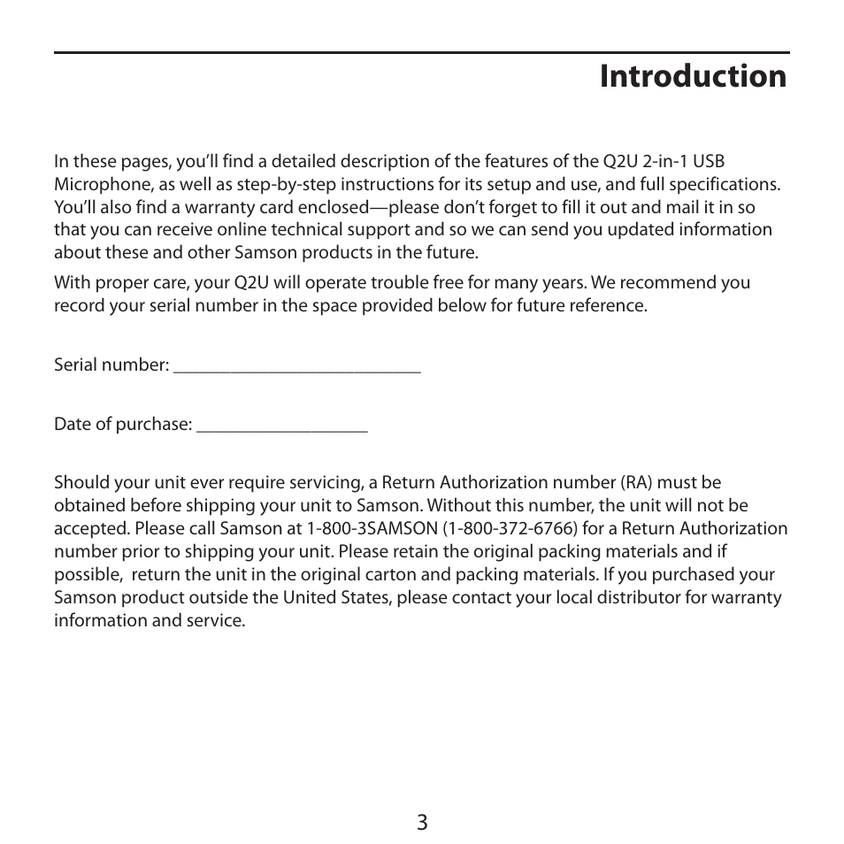 Introduction | Samson Q2U Recording & Podcasting Pack (Gray) User Manual | Page 5 / 24